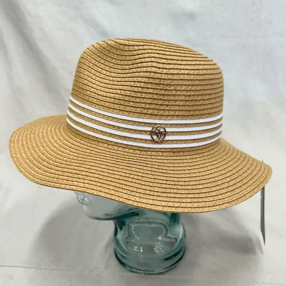 Adrienne Vittadini straw fedora hat in Toast w/ white‎ stripe band One Size NWT
